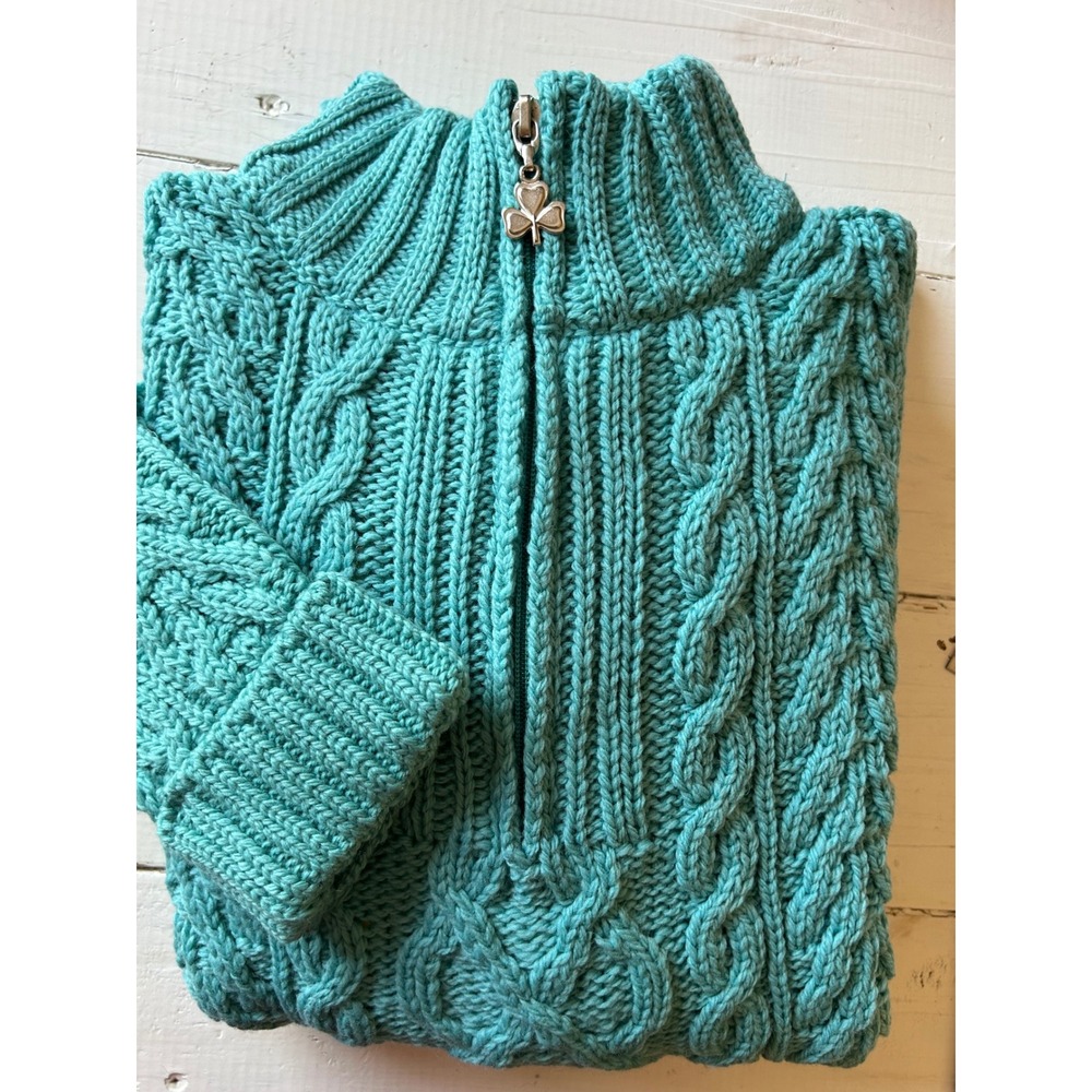 Aran Crafts Ireland Womens Teal Merino Wool Cable Knit Quarter Zip Sweater M